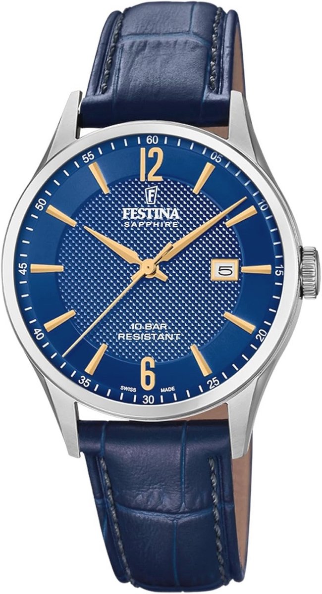 Festina Watch for men F20007-3 Swiss Made silver stainless steel case blue leather strap, blue-silver-gold, groß, bracelet, blue-silver-gold, strappy