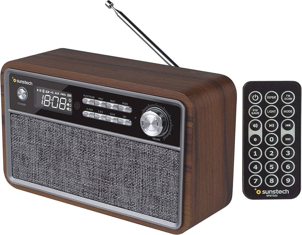 Compacte houten FM-radio met Bluetooth, klokkie en dual alarmfuncties
