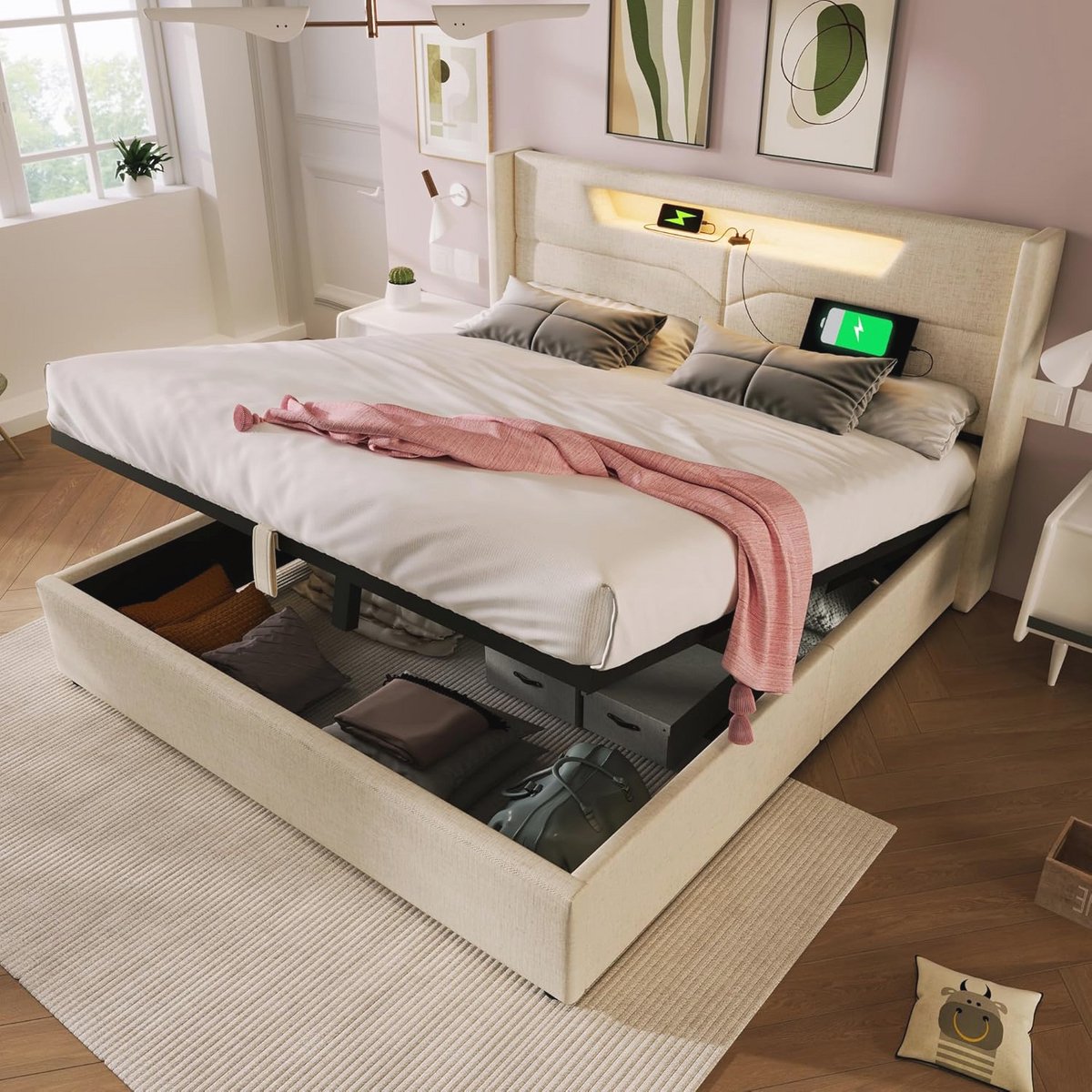 Gestoffeerd tweepersoonsbed met USB oplaadfunctie en ledverlichting, 140 x 200 cm, beige