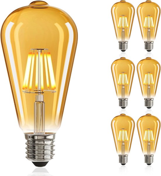 Edison LED-lamp E27, 6 x 8 W, dimbaar, vintage amberglas, 1000 lumen, 2700 K - ideaal voor decoratie