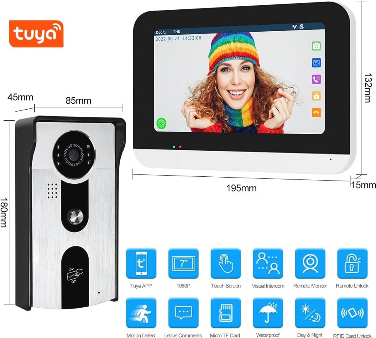 Video Intercom Systeem met HD 1080P Buiten Camera en WiFi Indoor Monitor