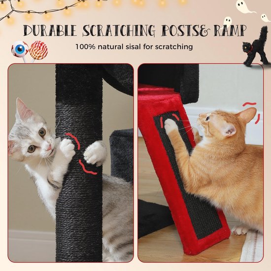 Globlazer kattenboom gotisch grote katten, Krabpaal Zwart Rood hoog 183 cm met 2 kattenhuis groot platform gevoerde Zitstang, kattentoren stabiele voor Maine Coon grote katten (S72, Gotisch