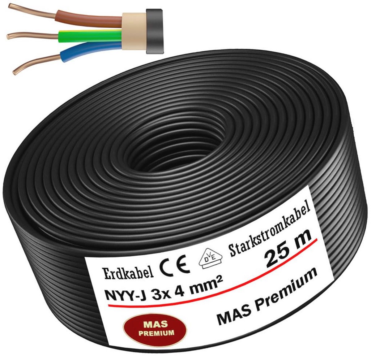 Aardkabel 3x1,5 mm² - 5x1,5 mm² - NYY-J 25 m Voor Buiten- en Binnengebruik