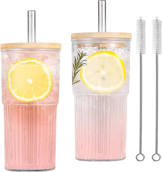 Mssushi 2 stuks ijskoffiekopjes,500ml Glazen bekers met luchtdichte deksels en rietjes,multifunctionele blikvormige glazen voor cocktail, whisky, thee, cola, sap, frisdrank, cadeauset