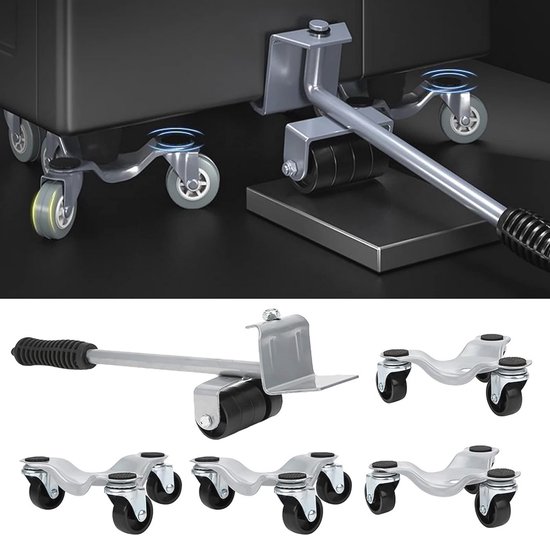Transportrollerset 5-delig - 4 meubelrollers & 1 lastkrik - elk 150 kg draagkracht - anti-slip coating / verhuishulp / lastenlift / systeem voor het verplaatsen van meubels en bestelwagens