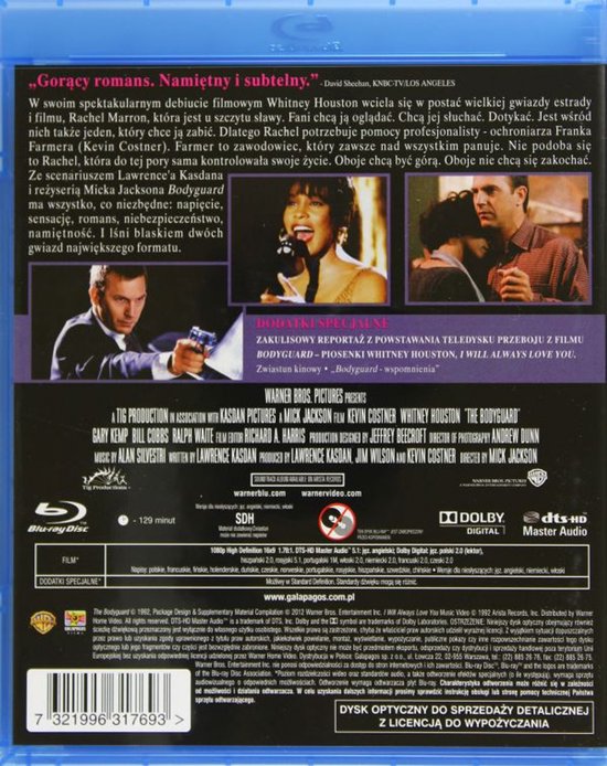 Bodyguard blu-ray achterkant met filmdetails, cast en crew.