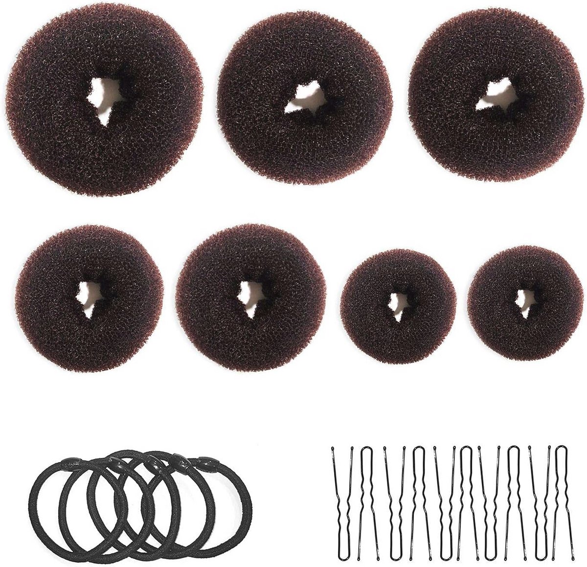 7-delige donut broodmachine set met U-vormige haarclips en elastische banden