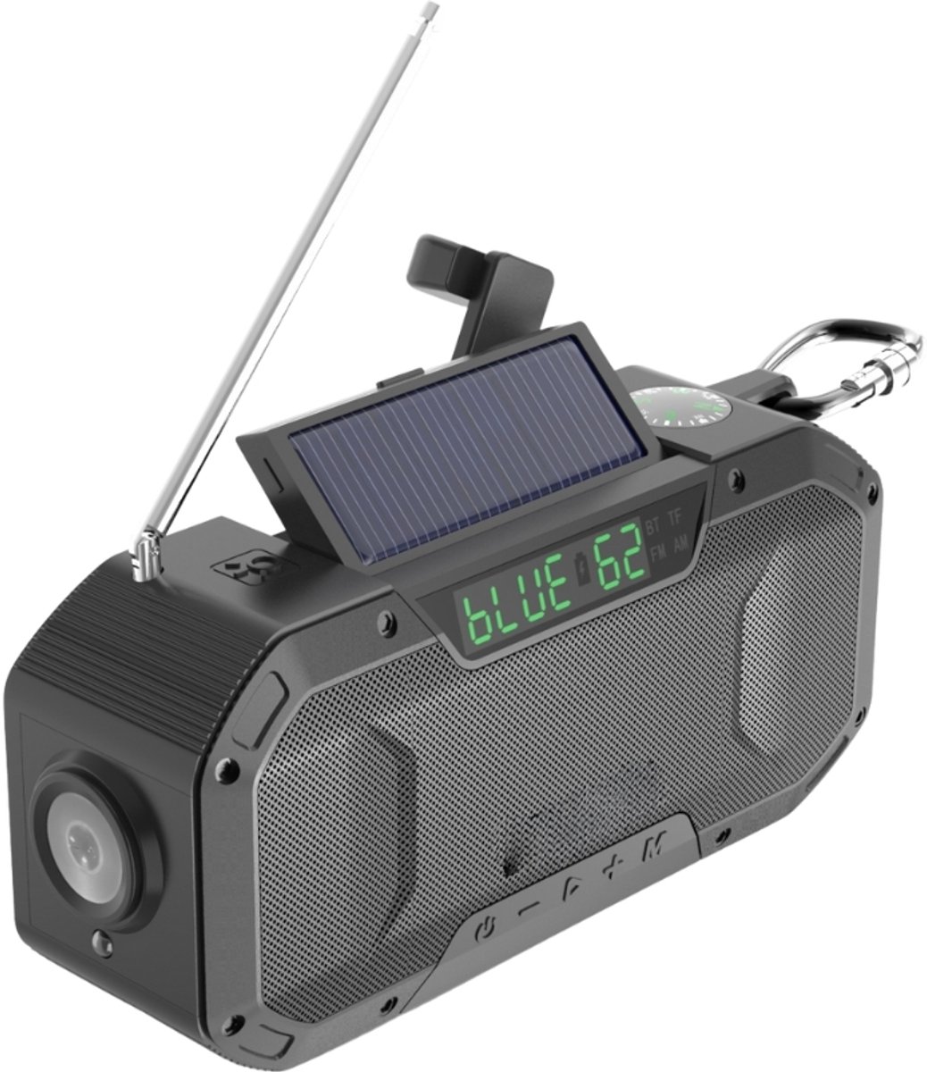 Denk Vooruit - Camp & Survive Solar BT Radio – Zwart - Solar & Hand-Crank Noodradio | Bluetooth 5.0 Speaker, 5000mAh Powerbank, LED Lamp & AM/FM