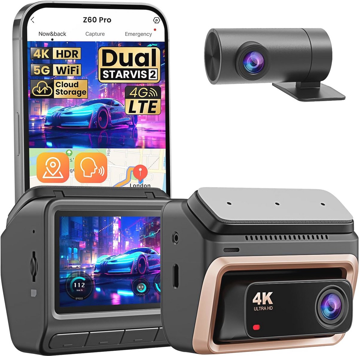 Dashcam 4K + 1080P Dual Camera met Nachtzicht en GPS Voor Auto