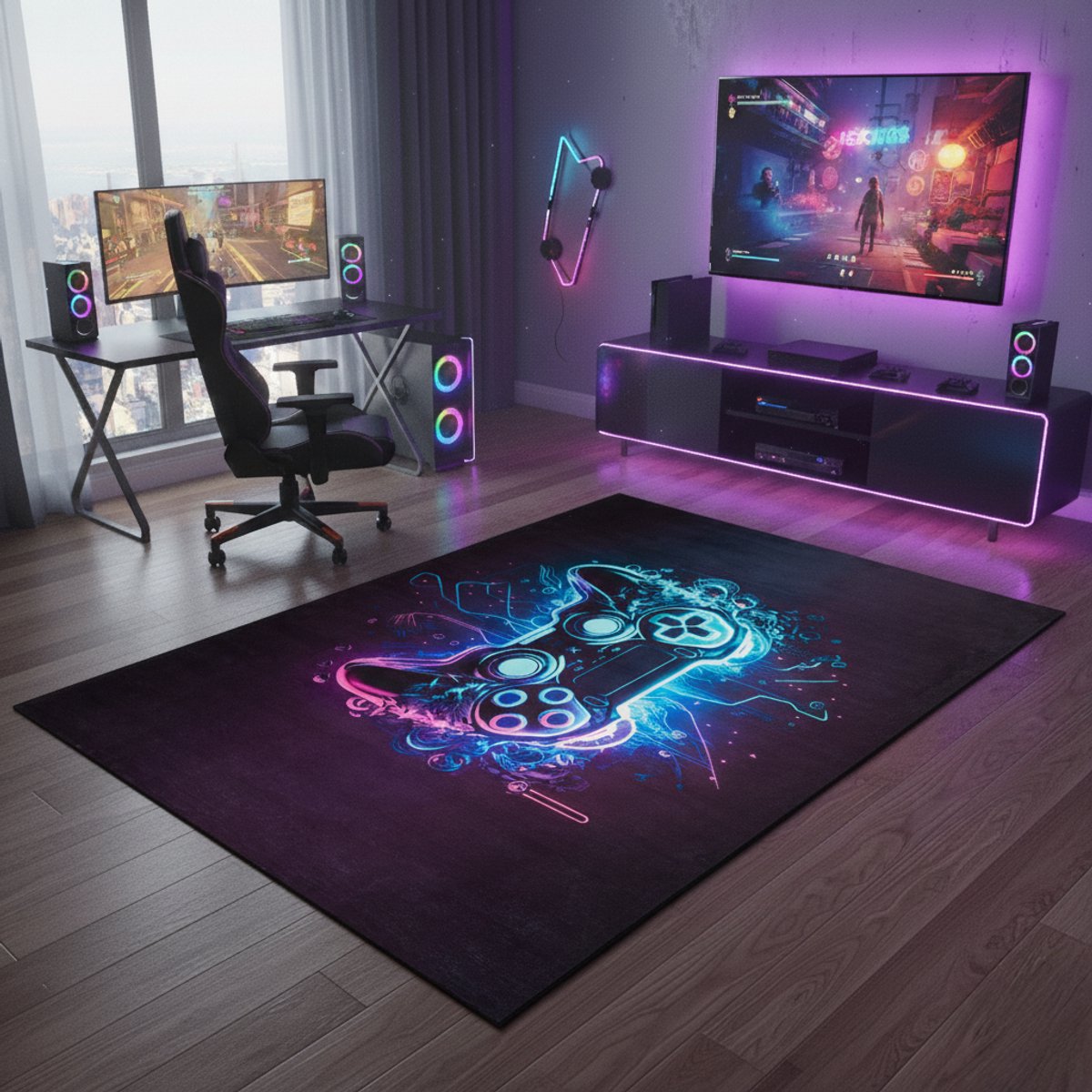 Tapiso COSMO GAME Gamingtapijt Gamer Vloerkleed voor Jeugdkamer & Game Room Neon Controller Design Antislip, Laagpolig, Duurzaam, Makkelijk te Reinigen- 200x300