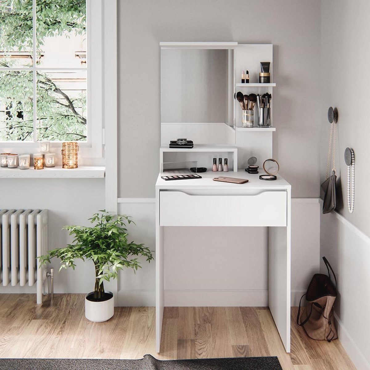Moderne Witte Kaptafel met Grote Spiegel en Opbergruimte