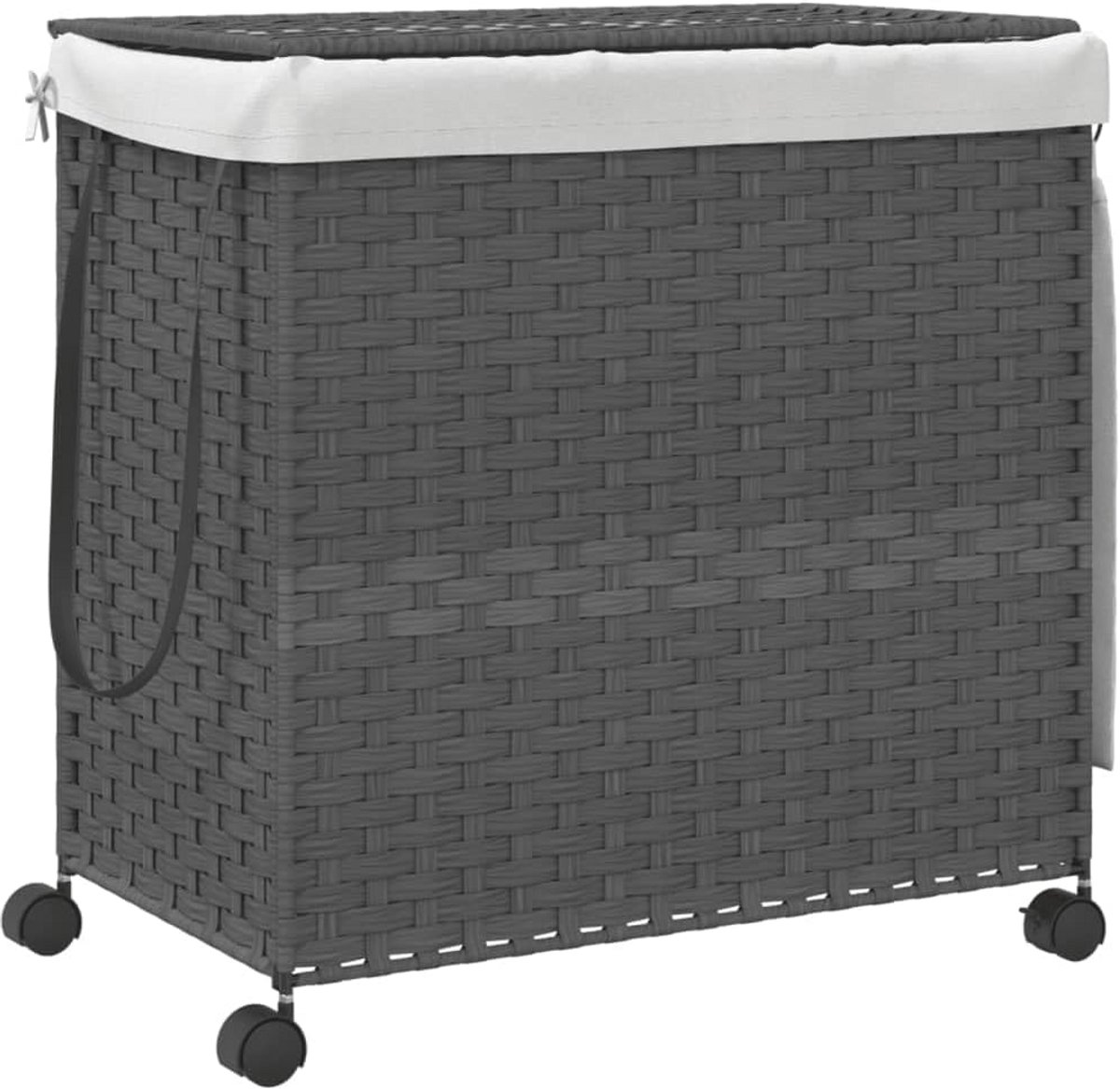 Grote Wasmand op Wielen 60x35x60.5cm - Waszak met 3 Compartimenten, Wicker Wasmand