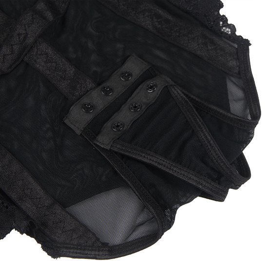Zwarte mesh body met kanten details en drukknoopsluiting.
