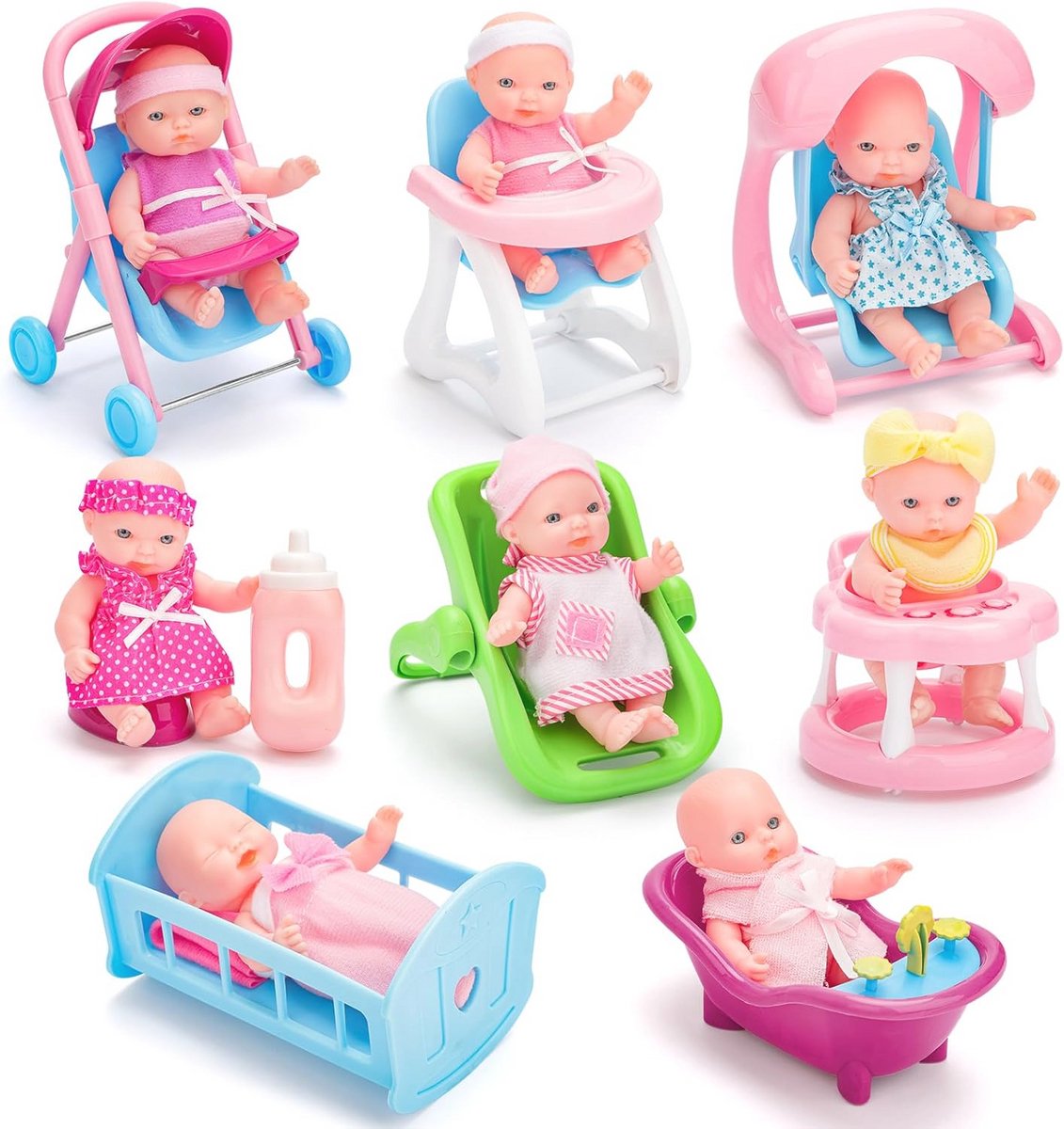 deAO Set of 8 Mini 5" Baby Dolls with Accessories including Stroller, Bathtub, Cot, High chair, Stroller and more!