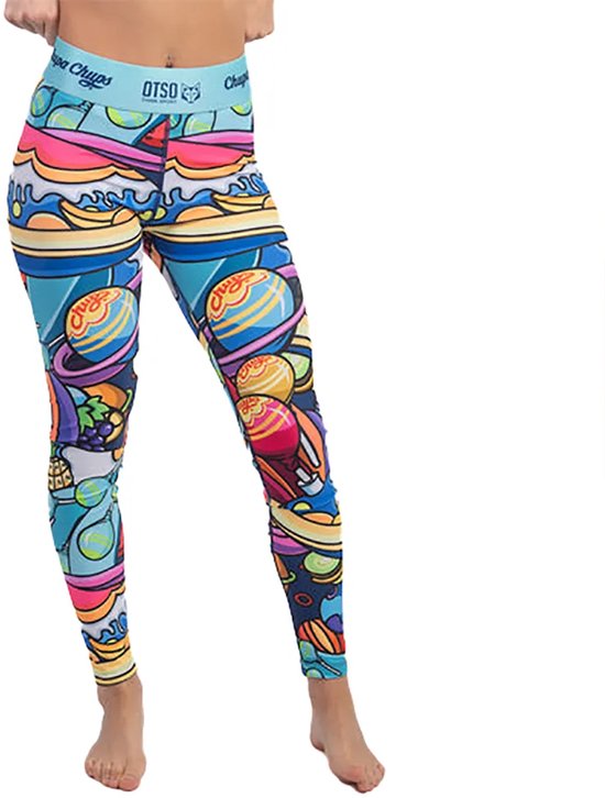 Blauwe legging met een dynamische, kleurrijke print van Chupa Chups-fruit, planeten en ijshoorntjes.