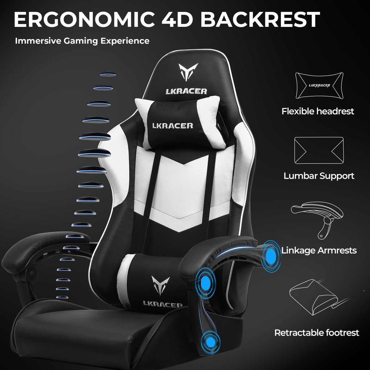 GTPLAYER Gaming Stoel met Hoofdsteun en Lendenkussen - Wit - afbeelding 3