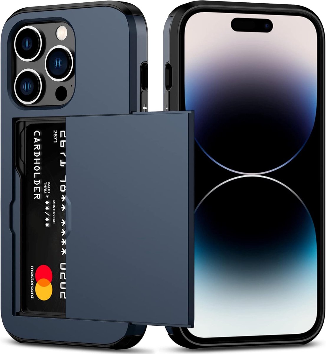 YPCd Hardcase Pasjeshouder Hoesje – Geschikt voor Apple iPhone 16 Pro Max – Shockproof Backcover met Verborgen Kaartvak – Donkerblauw