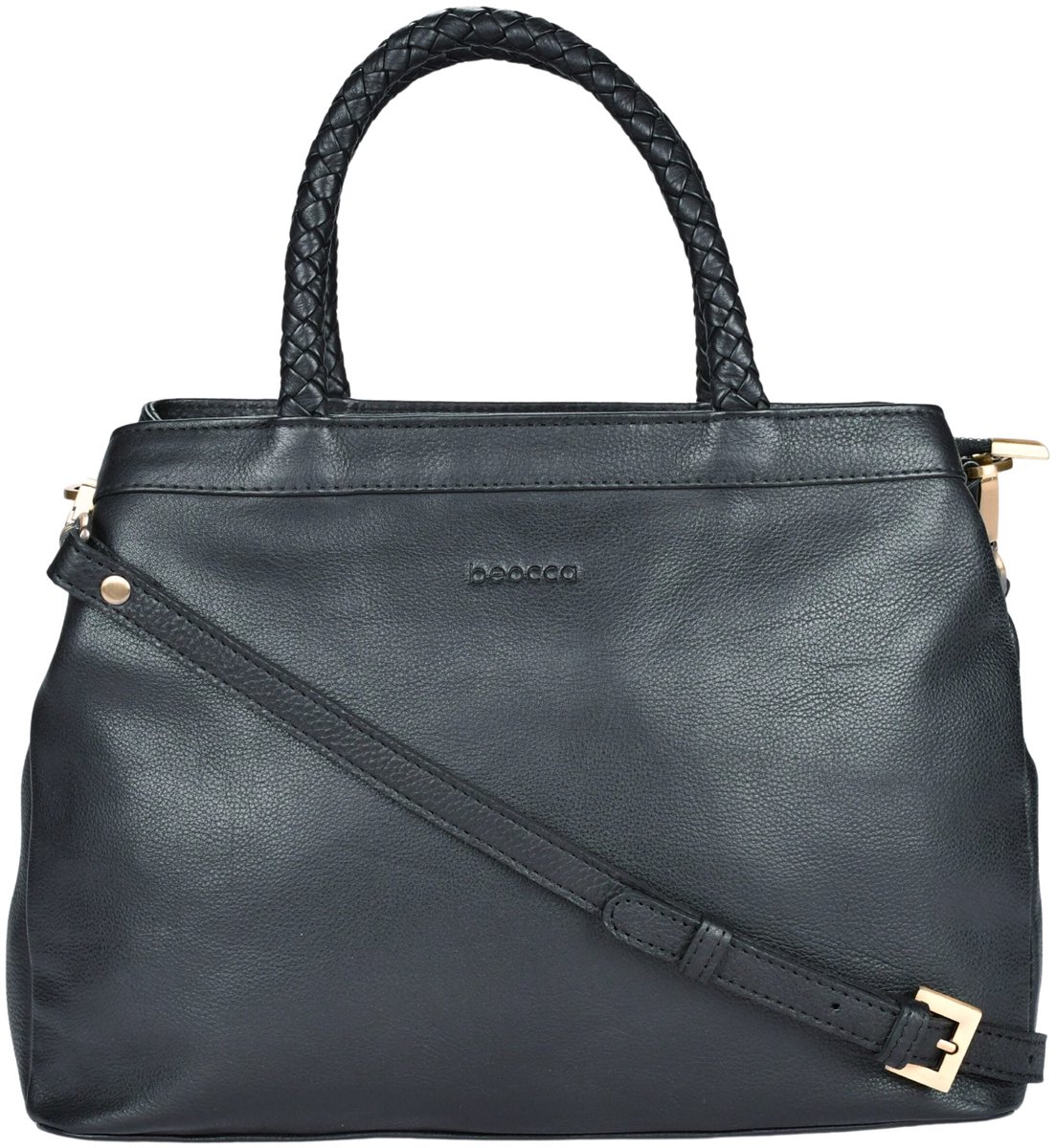 Beocca Beau Leren Handtas Dames - Mid-size Tas van Plantaardig Gelooid Leer - Handgemaakt - Gevlochten Handvatten - Gouden Details - Duurzaam en Elegant - Zwart