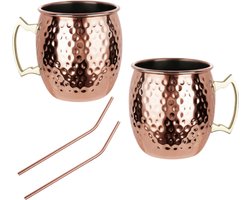 KINGHoff Moscow Mule Bekerset – 2 Koperen Bekers 500 ml + 2 Metalen Rietjes – RVS Binnenzijde – Hammered Design – Ideaal voor Cocktails & Iced Drinks