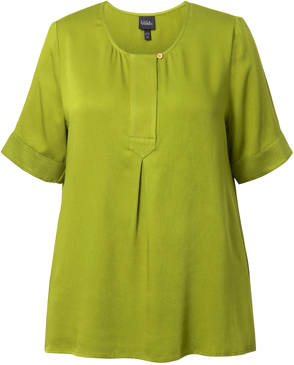 Ulla Popken - Dames - Overhemdblouse doorgestikte inzet A-lijn ronde hals - Grasgroen - Maat 46+