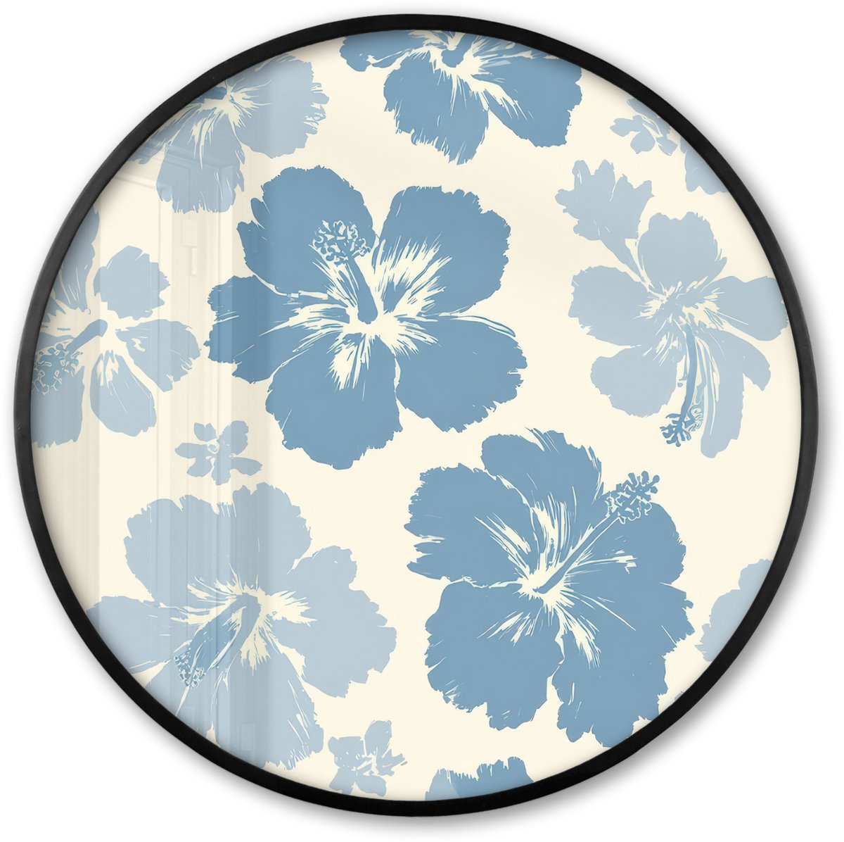 FrameYourWall Poster in lijst Rond - Fotolijst 60x60 cm - Posters - Hibiscusbloemen - Blauw - Patroon - Tropisch - Ronde posterlijst zwart - Decoratie - Wanddecoratie woonkamer - Muurdecoratie slaapkamer Multicolor