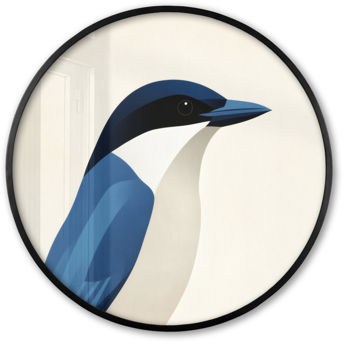 FrameYourWall Poster in lijst Rond - Fotolijst 60x60 cm - Posters - Illustratie - Blauw - Vogel - Ronde posterlijst zwart - Decoratie - Wanddecoratie woonkamer - Muurdecoratie slaapkamer Vogel - Illustratie