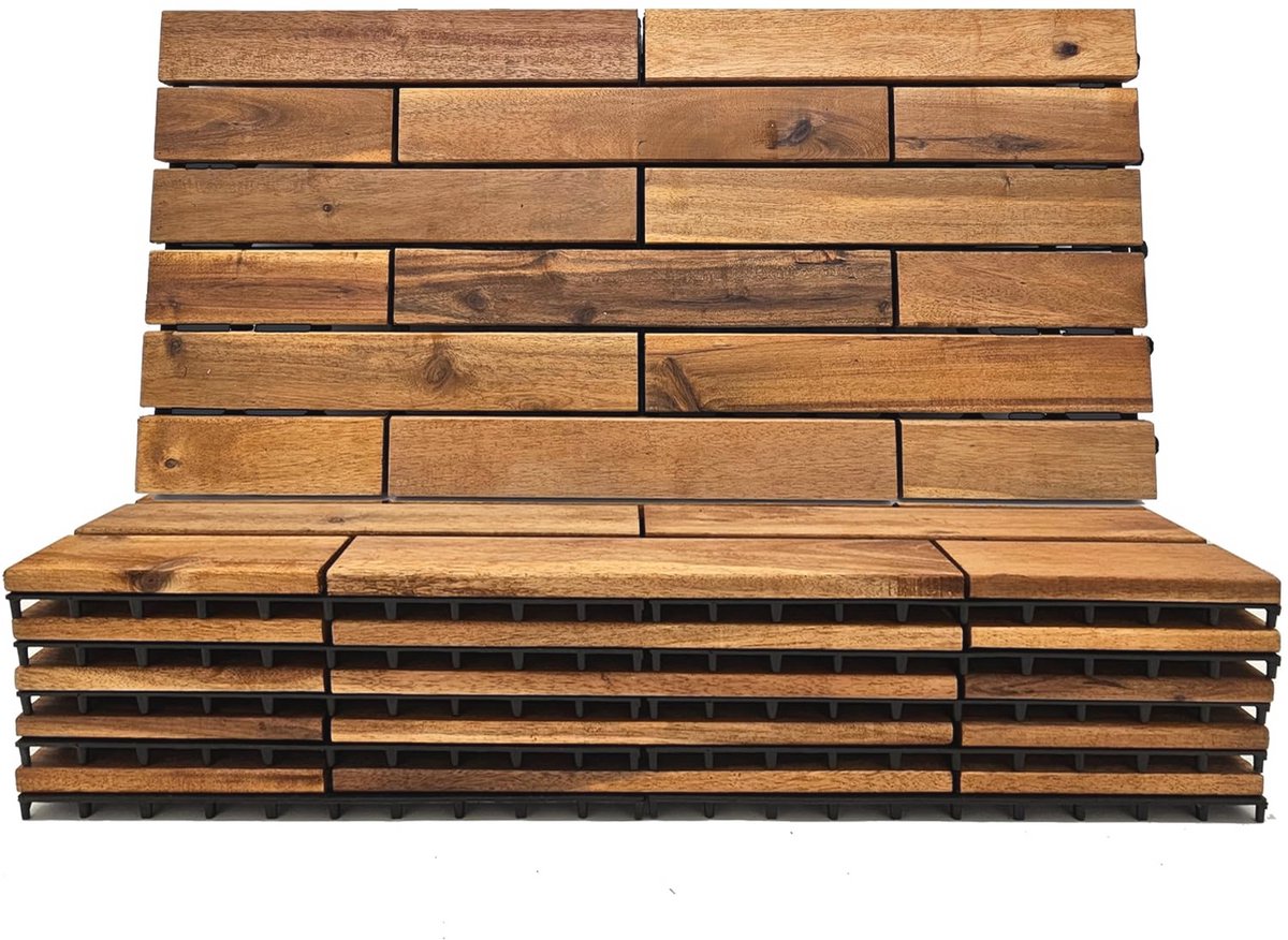 Kunststof Terrastegels 24 x 12 cm - In elkaar grijpende Houten Vloeren voor Tuin en Balkon - Waterdichte Buitenvloeren - 6 Stuks Acacia