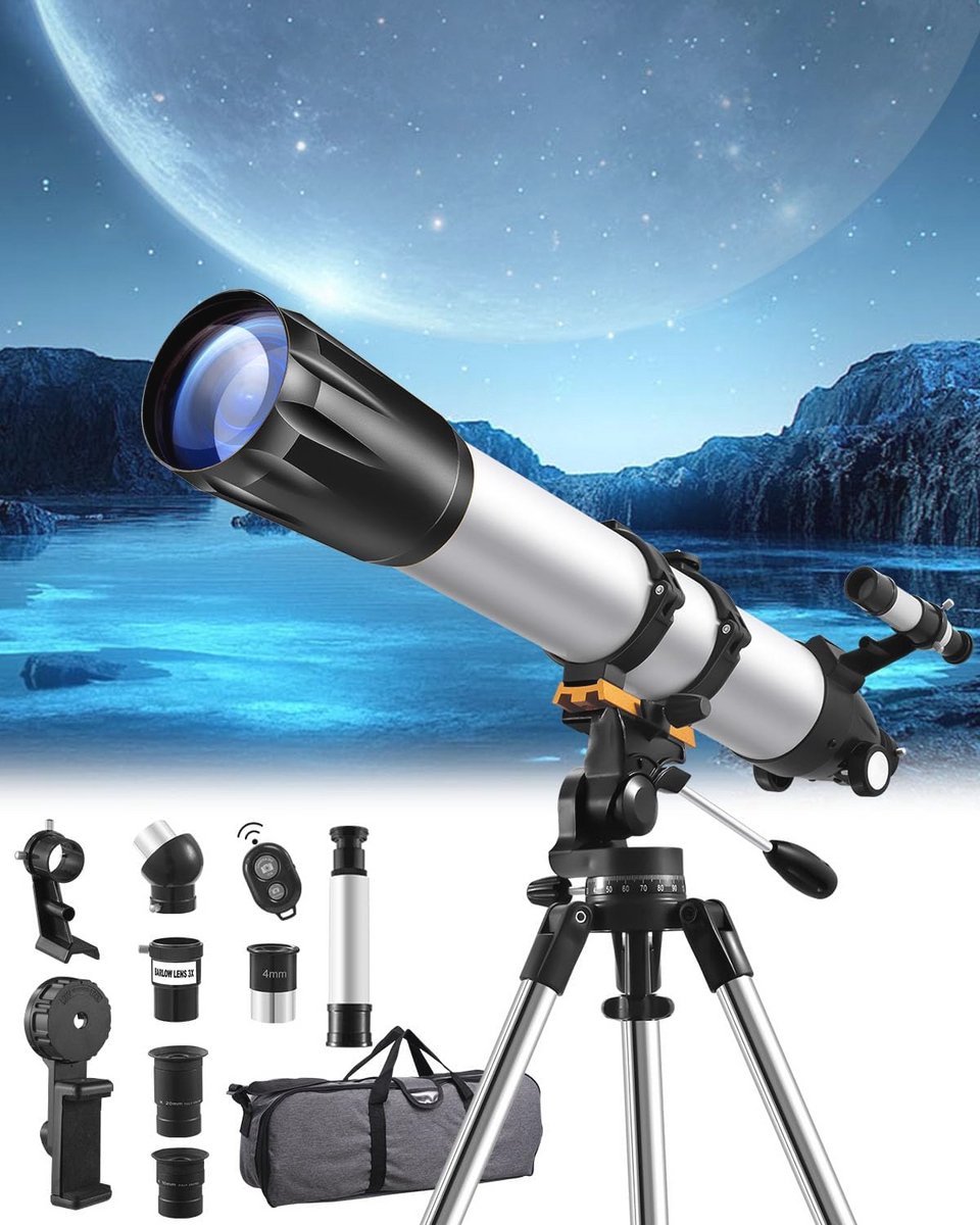 Telescoop voor volwassenen en kinderen, 90 mm met statief, telefoonadapter en maanfilter