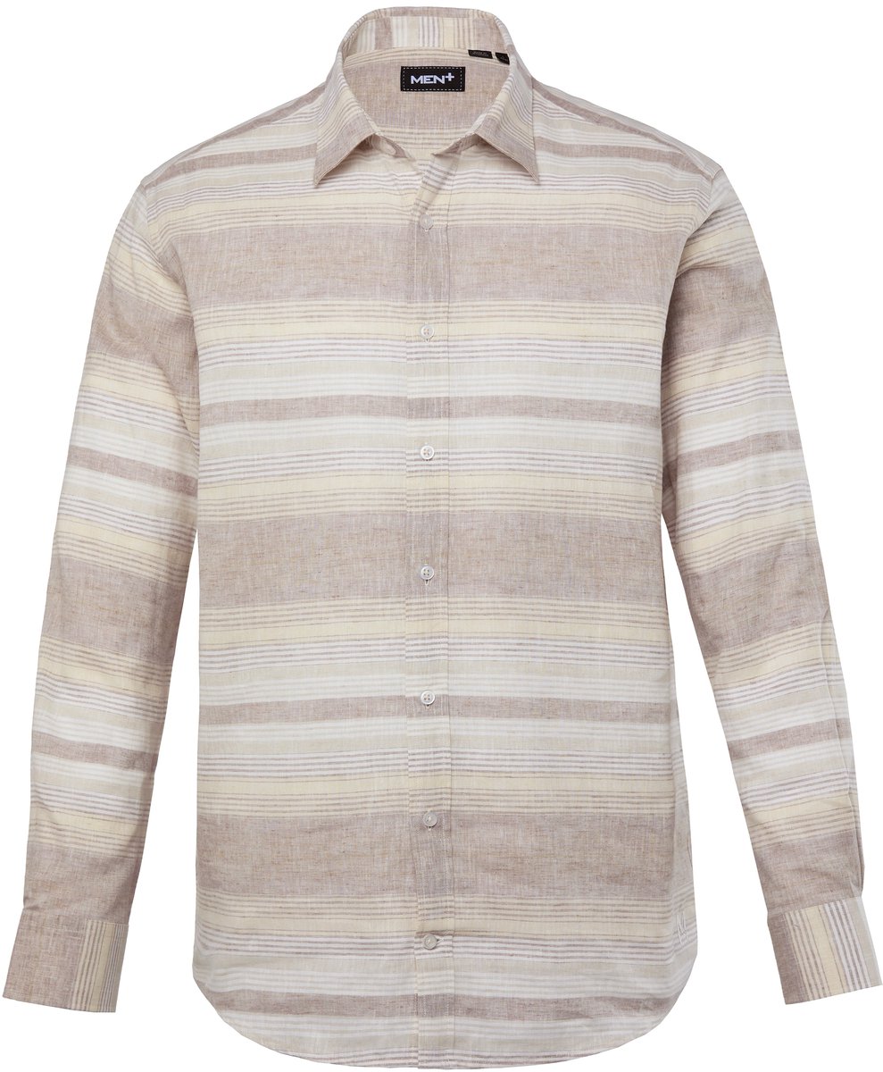 Men Plus - Heren - Linnenmix-streepshirt lange mouwen Kentkraag Comfort Fit - Zand - Maat XL