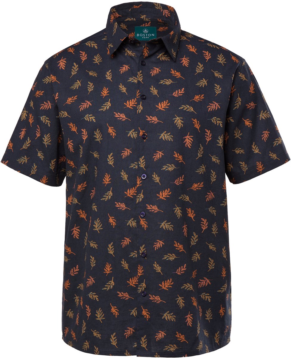 Boston Park - Heren - Overhemd van linnenmix korte mouw all-over print kentkraag - Navy blauw - Maat XXL