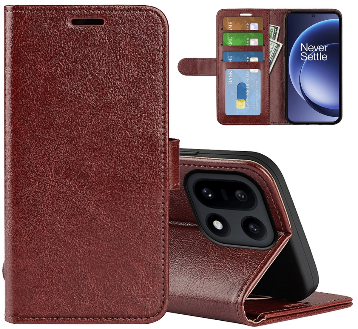 MobyDefend Hoesje - Geschikt voor OnePlus 15 - Wallet Book Case (Sluiting Achterkant) - Bruin