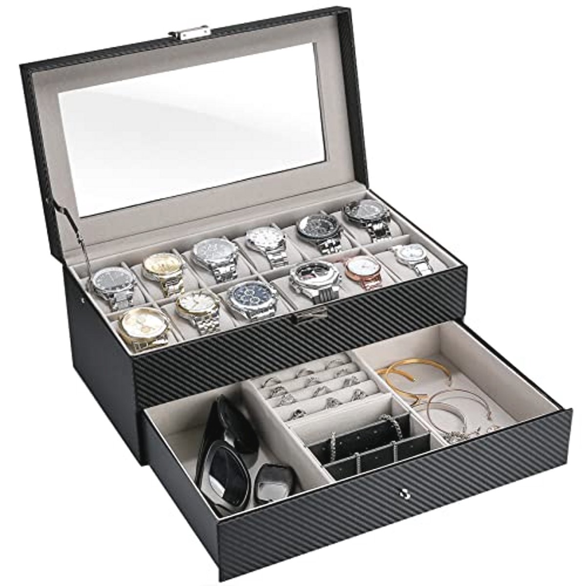 Horlogendoos met 2 Lagen en Lades voor Sieraden, 12 Compartementen, Zwart Gestreept