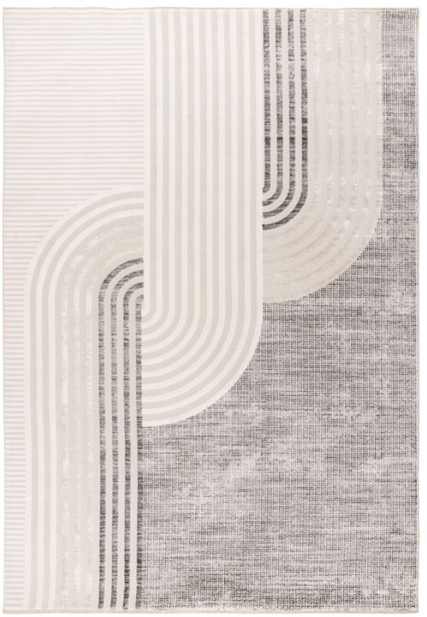 Muratap Vintage Japandi Vista Laagpolig Vloerkleed Crème/Zilver- 200x290 CM Grijs