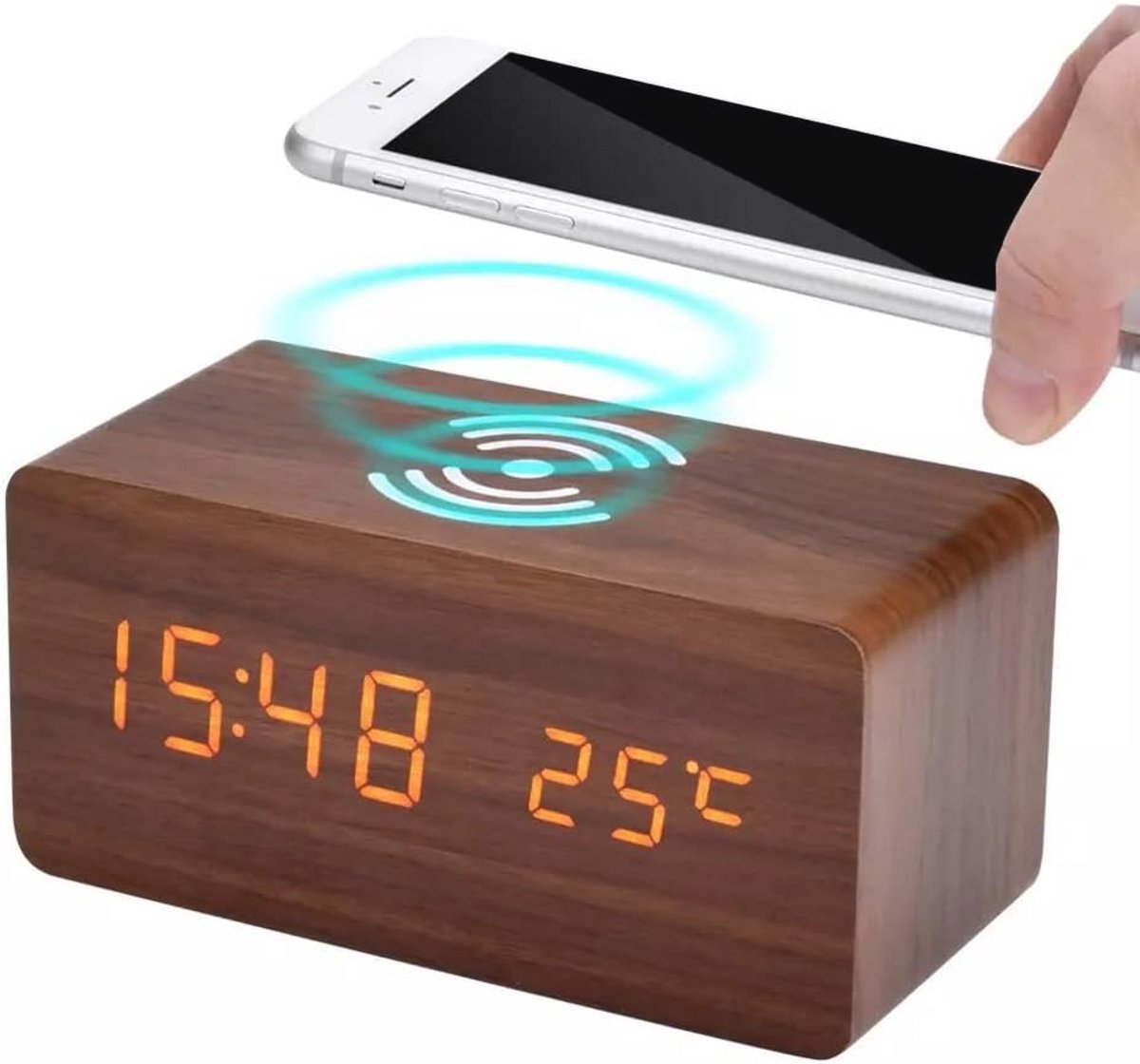 Houten digitale wekker met Qi draadloos opladen en temperatuurweergave