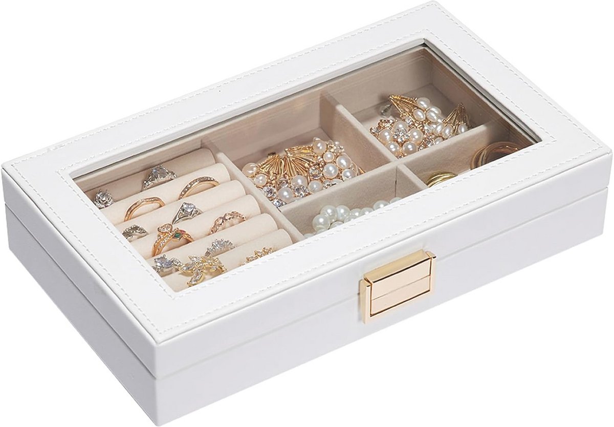 Stapelbaar Sieradendienblad met Glazen Deksel en Afneembare Verdelers voor Sieradenorganizer - Perfect Cadeau voor Vrouwen en Meisjes