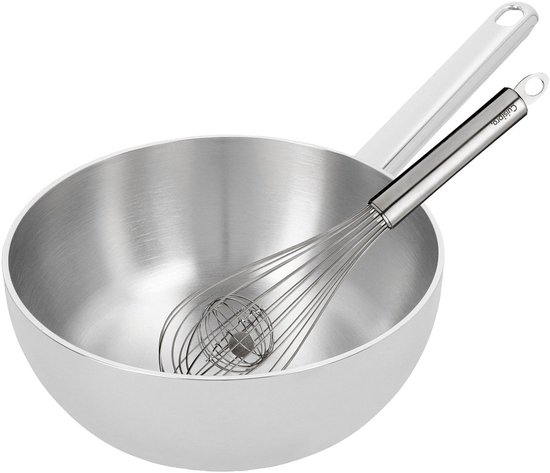 Zilverkleurige koekenpan met steel, met een zilverkleurige garde erin.