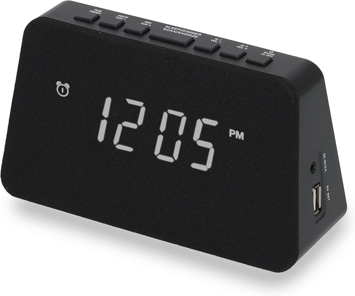 Digitale radiowekker met USB-lader en draadloos opladen – FM-radio, dual alarm en dimbaar LED-display