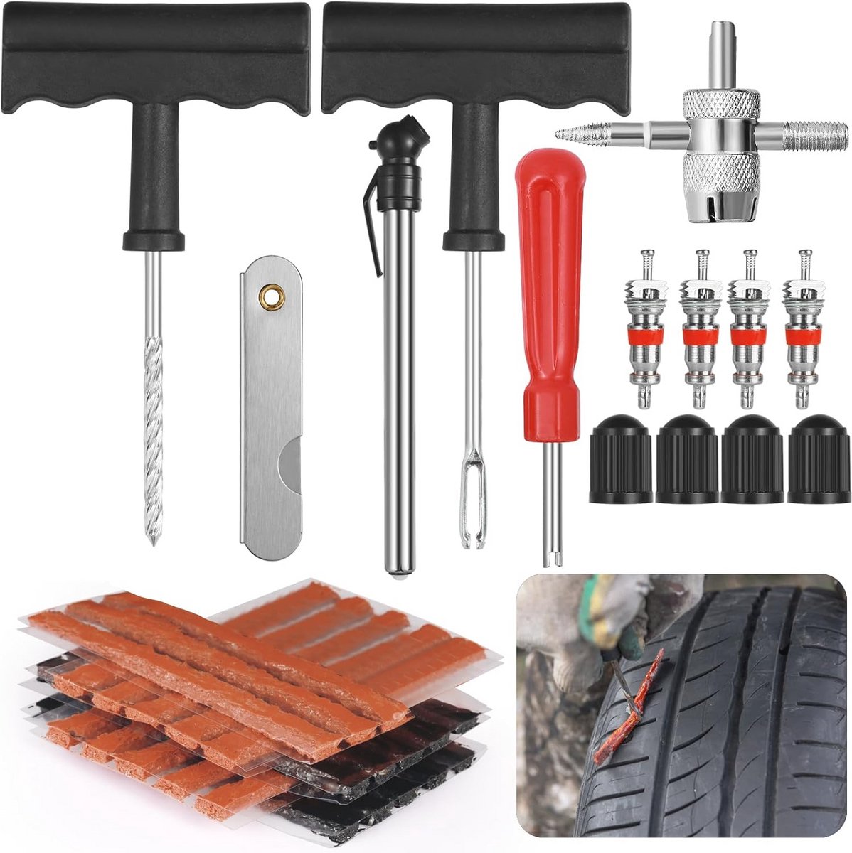 37-delige Bandenreparatieset voor Auto, Fiets en Motor met Bandenspanningsmeter