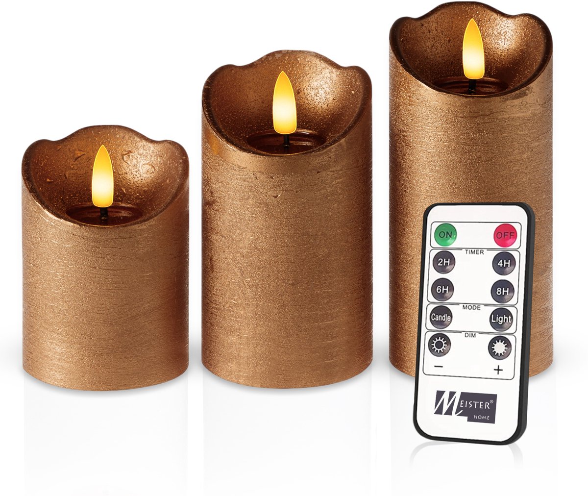 Meisterhome 3 x Led Stompkaars Rustiek - Koperkleurig – Stompkaars Echte wax – Led kaarsen - 10 / 12.5 / 15 cm Hoog - Met afstandsbediening – Timer 2/4/6/8 uur - Dimbaar Champagne