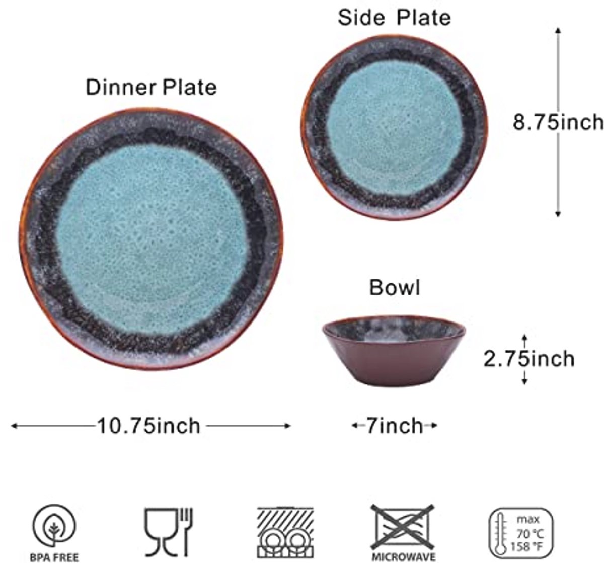 Serviesset voor 4 Personen - 12 Delige Onbreekbare Melamine Borden en Kommen - Lichtgewicht en Vaatwasmachinebestendig - Blauw met Bruin