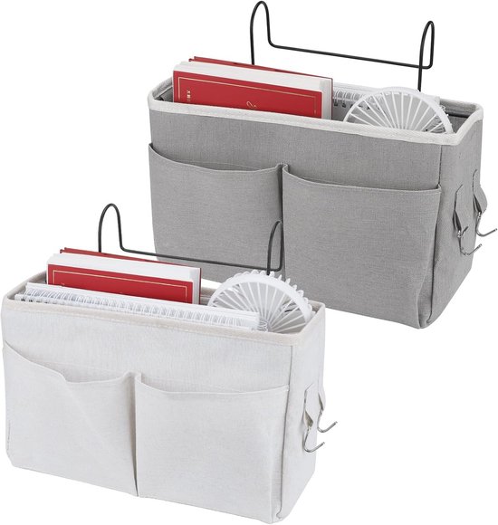 Foto: 2 delige bedzak canvas organizer voor bed waterdicht en hangend bedmand voor thuiskantoor en school grijs wit 