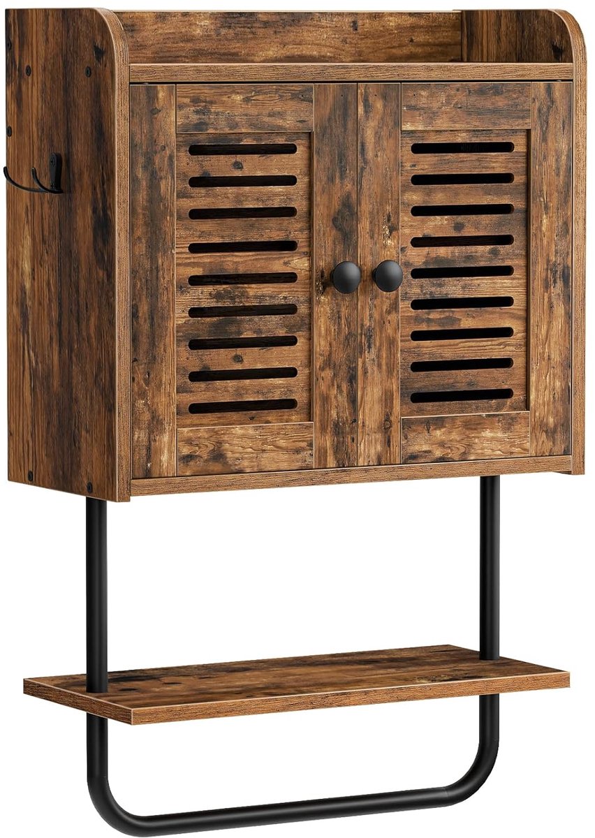 TRANKIELO® - Wandgemonteerde badkamerkast met dubbele deuren - Vintage rustiek bruin - Verstelbare plank en haken