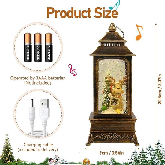 Kerst Sneeuwbol Lantaarn met Muziek & Licht, Kerst Decoratie Vintage Kunsthars Sneeuwbol, Water Glinsterende Sneeuwbol Nachtlampje Kerstman Lantaarn USB & Batterij Aangedreven Kerstcadeaus Ornament