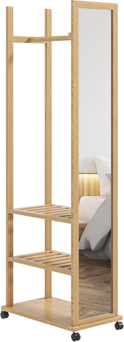 Mobiele Spiegel op Wielen met Opbergruimte voor Kleding en Accessoires – Elegante Houten Standaard Spiegel voor Slaapkamer en Hal