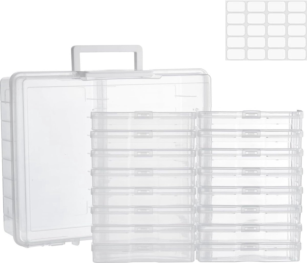 Stunq® Foto-opbergdoos met 16 binnenfotohouders, grote fotohoes van 17 x 12 cm, transparante fotodozen voor het opbergen van ansichtkaarten, speelgoed, knutselspullen, stickers, 1 x sticker
