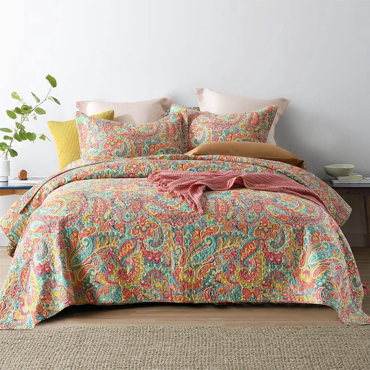 Stunq® Zachte Katoenen Bedspreien Set met Paisley Bloemmotief en Kussenslopen - Tweepersoonsbed