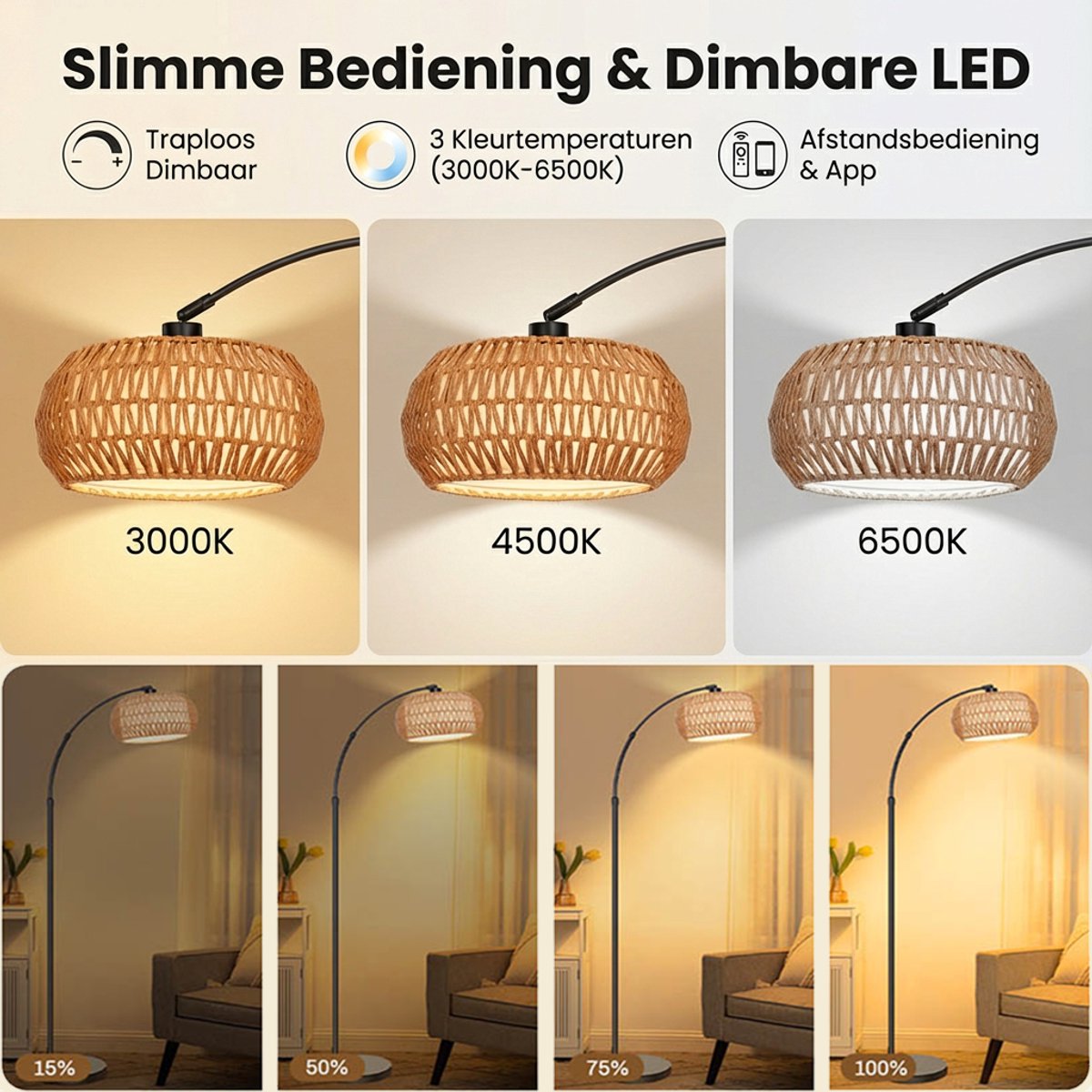 MUPOO Rotan Vloerlamp - Boho Leeslamp Woonkamer thumbnail 3