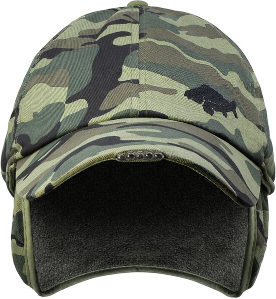 Vooraanzicht van camouflage pet met oorflappen en LED-verlichting in de klep.