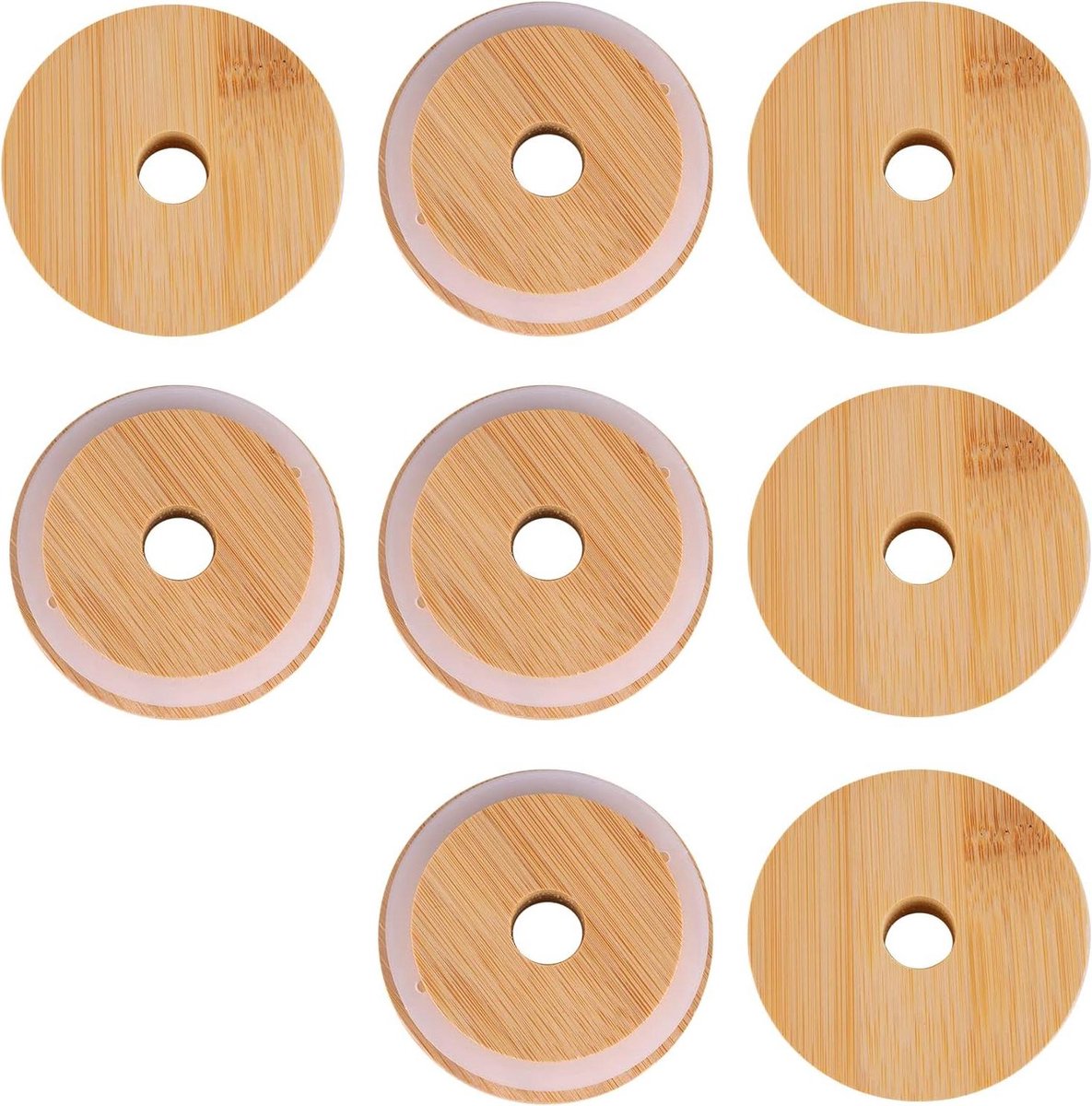 8-delige Set Herbruikbare Houten Deksel voor Brede Mond Mason Jar met Siliconen Ring