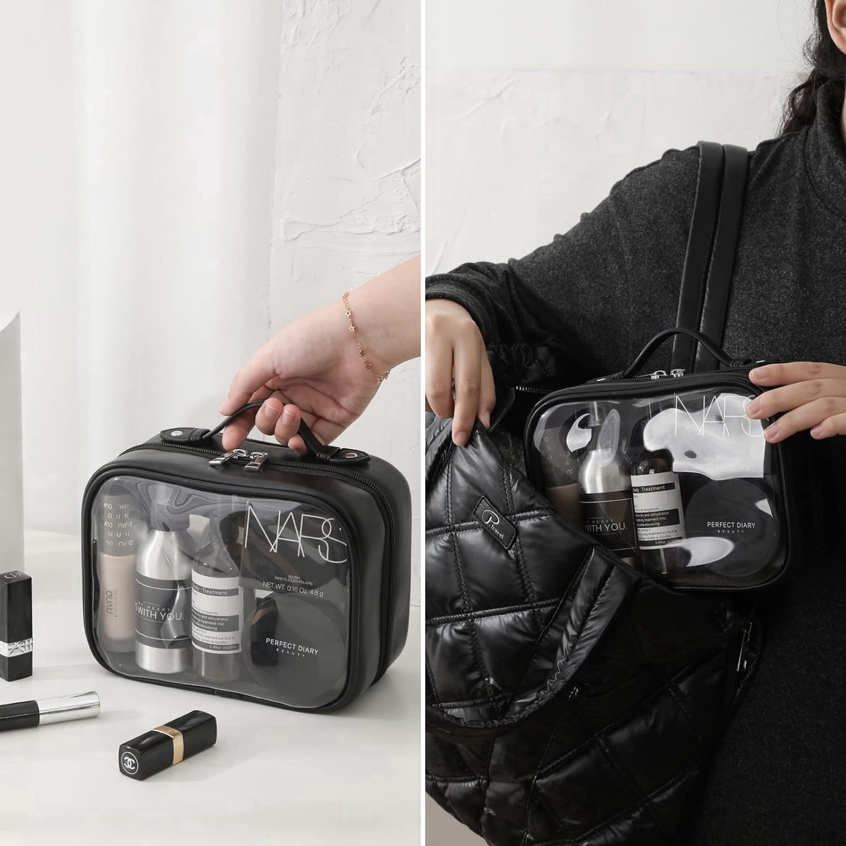 Stunq® Transparante toilettas voor mannen en vrouwen, reis-toilettas, organizer, wastas voor handbagage op vliegreizen, zwart, cosmeticakoffer